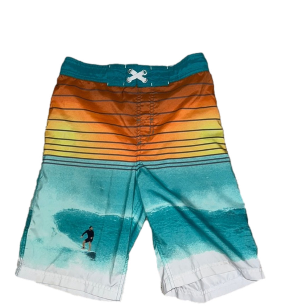 Boys size large cat and jack swim trunks with surfer design